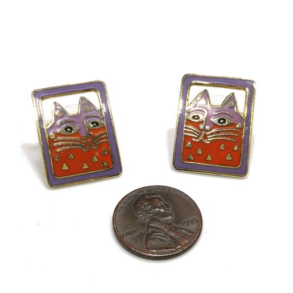 Vintage Laurel Burch "Mallory's Cat" Post Earrings, Gold Plated, Cloisonne - Picture 9 of 10